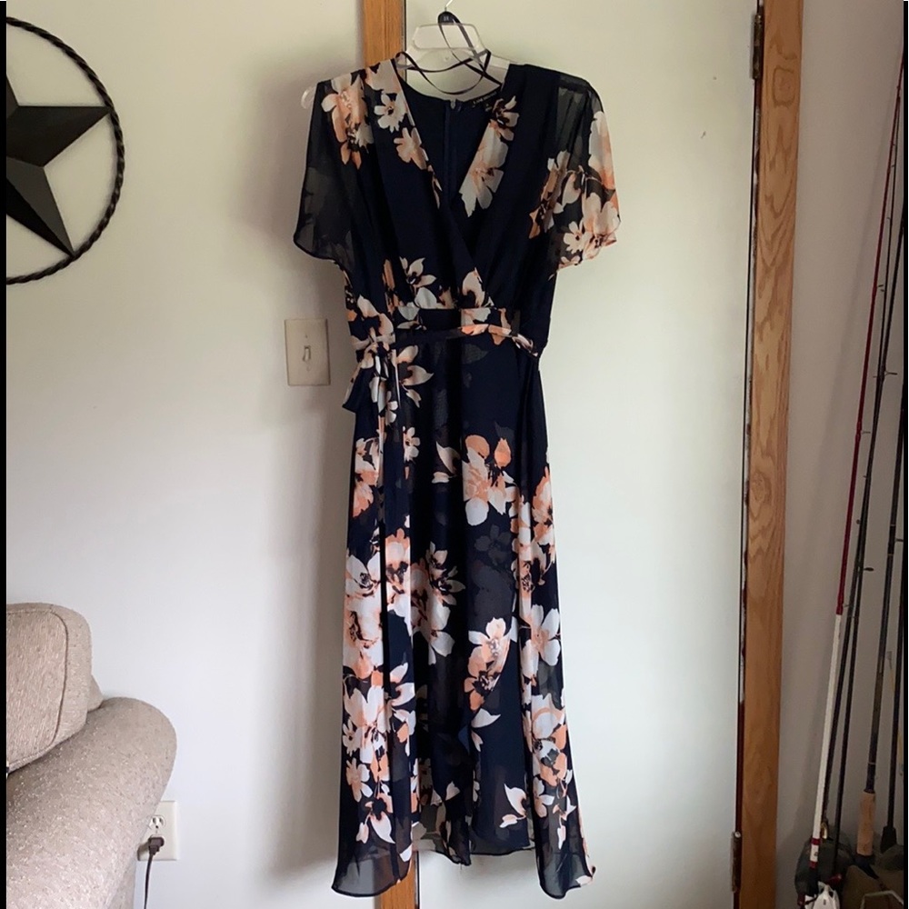 Navy Floral Wrap Midi Dress - Women's Elegant Summer Dress